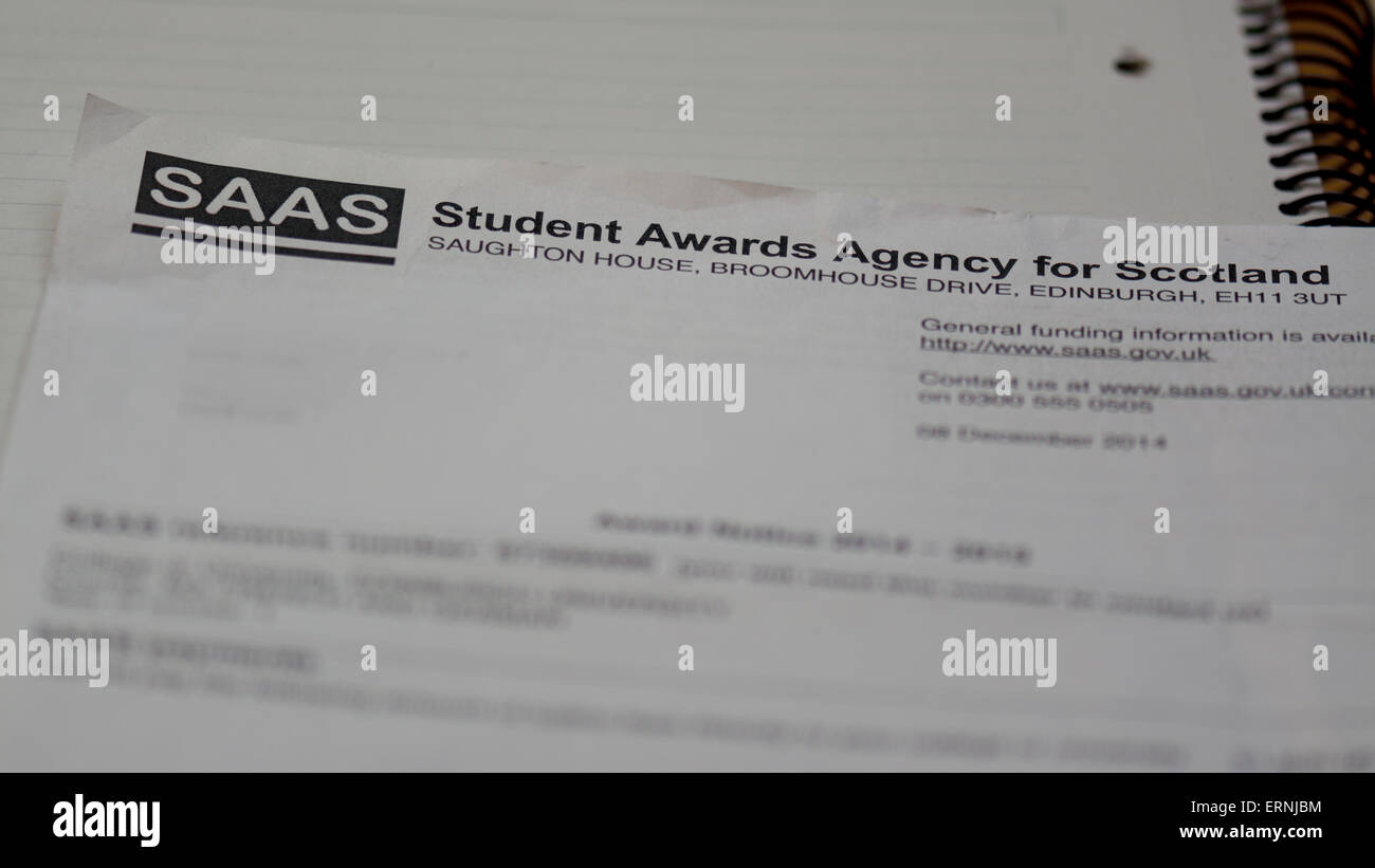 Brief von SAAS - Student Awards Agency for Scotland, Bestätigung Bekanntmachung Stockfoto