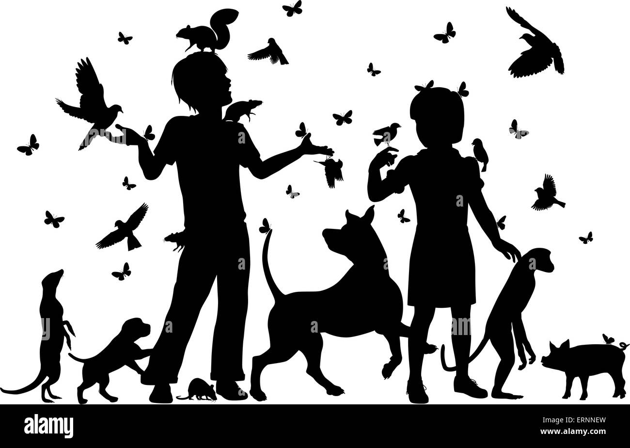 EPS8 bearbeitbare Vector Silhouetten eines kleinen Jungen und Mädchen, umgeben von Tieren mit allen Zahlen als separate Objekte Stock Vektor