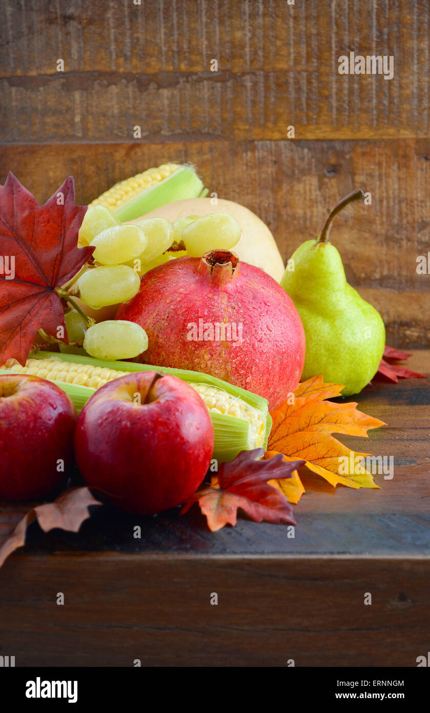Herbst-Obst und Gemüse Hintergrund mit frischen Butternut-Kürbis, Trauben, Blätter, Äpfel, Birne, Granatapfel und Mais, mit co Stockfoto