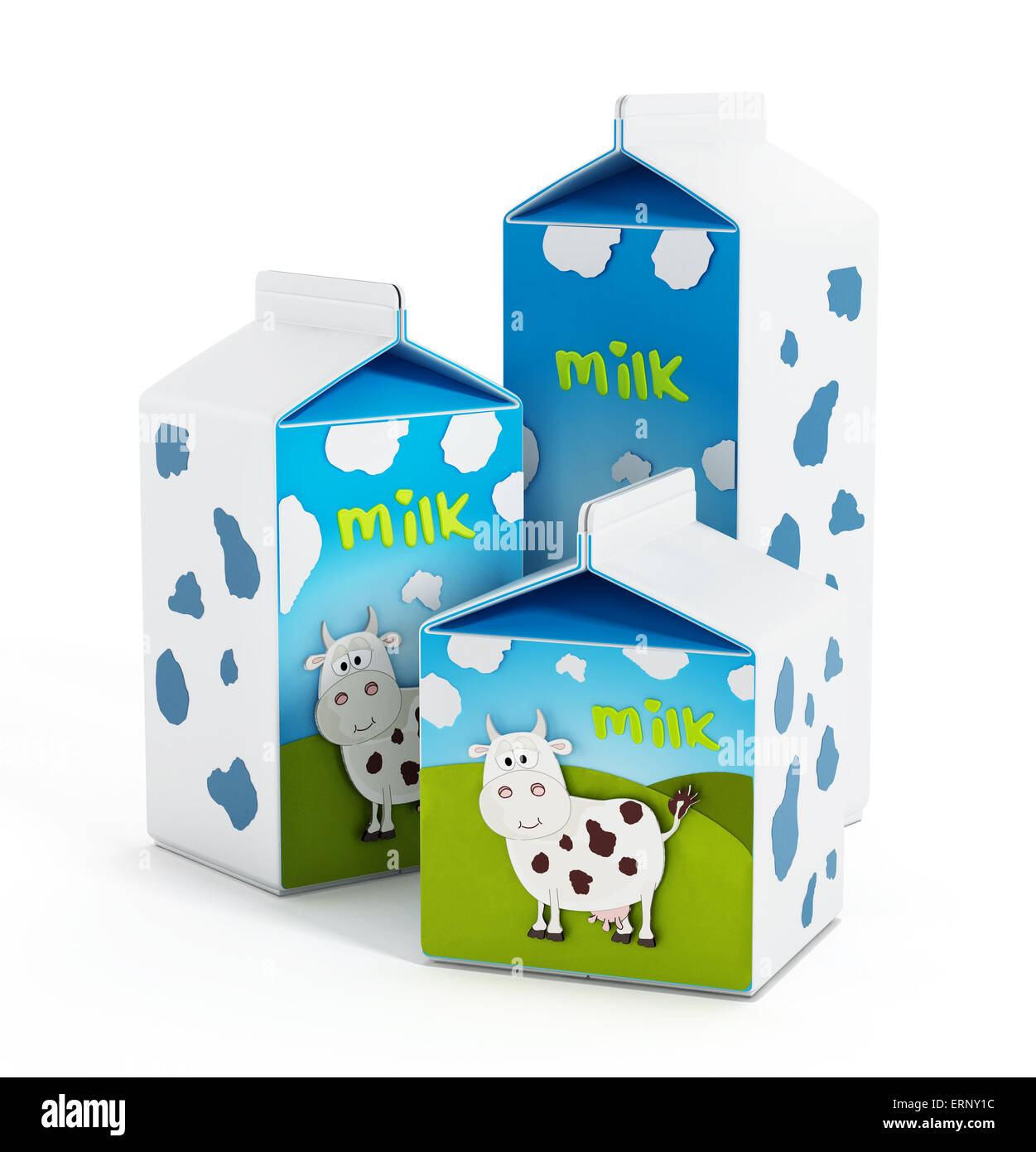 Milch-Boxen mit Kuh Illustration isoliert auf weißem Hintergrund Stockfoto