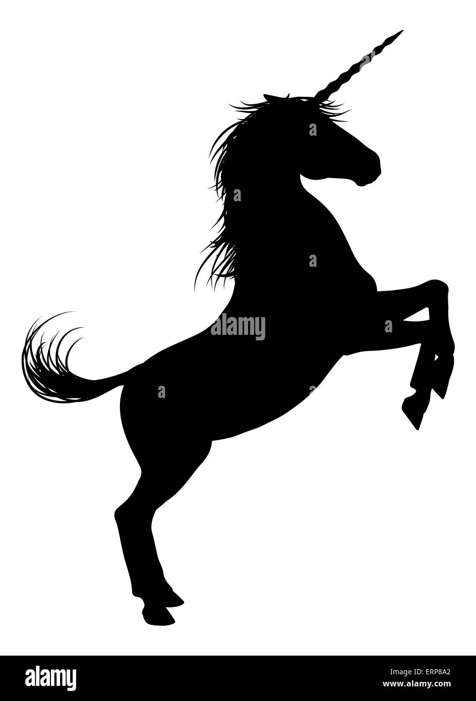 Mythische Pferd Einhorn in der Silhouette, die Aufzucht auf den Hinterbeinen stehend Stockfoto