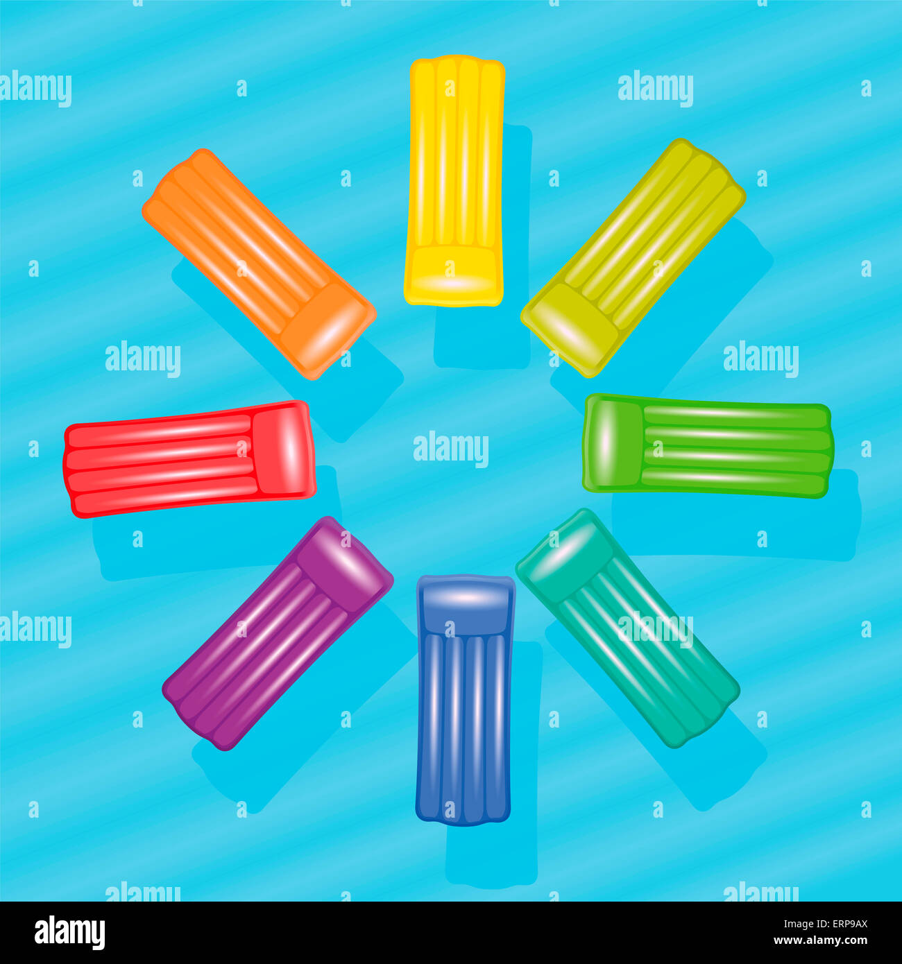 Pool-Luft-Matten bilden einen Regenbogen farbige Blume Kreis. Stockfoto
