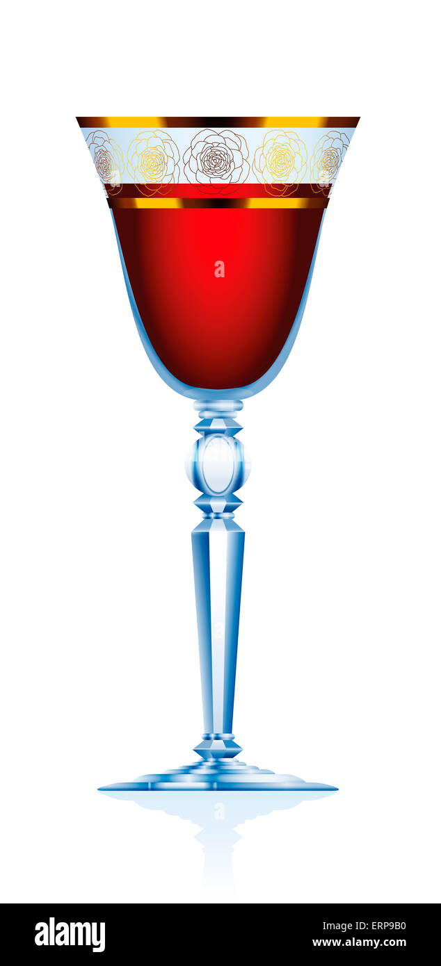 Rotweinglas - blauen Kristallglas oder Weinrot mit goldenen Rosen Ornament. Stockfoto