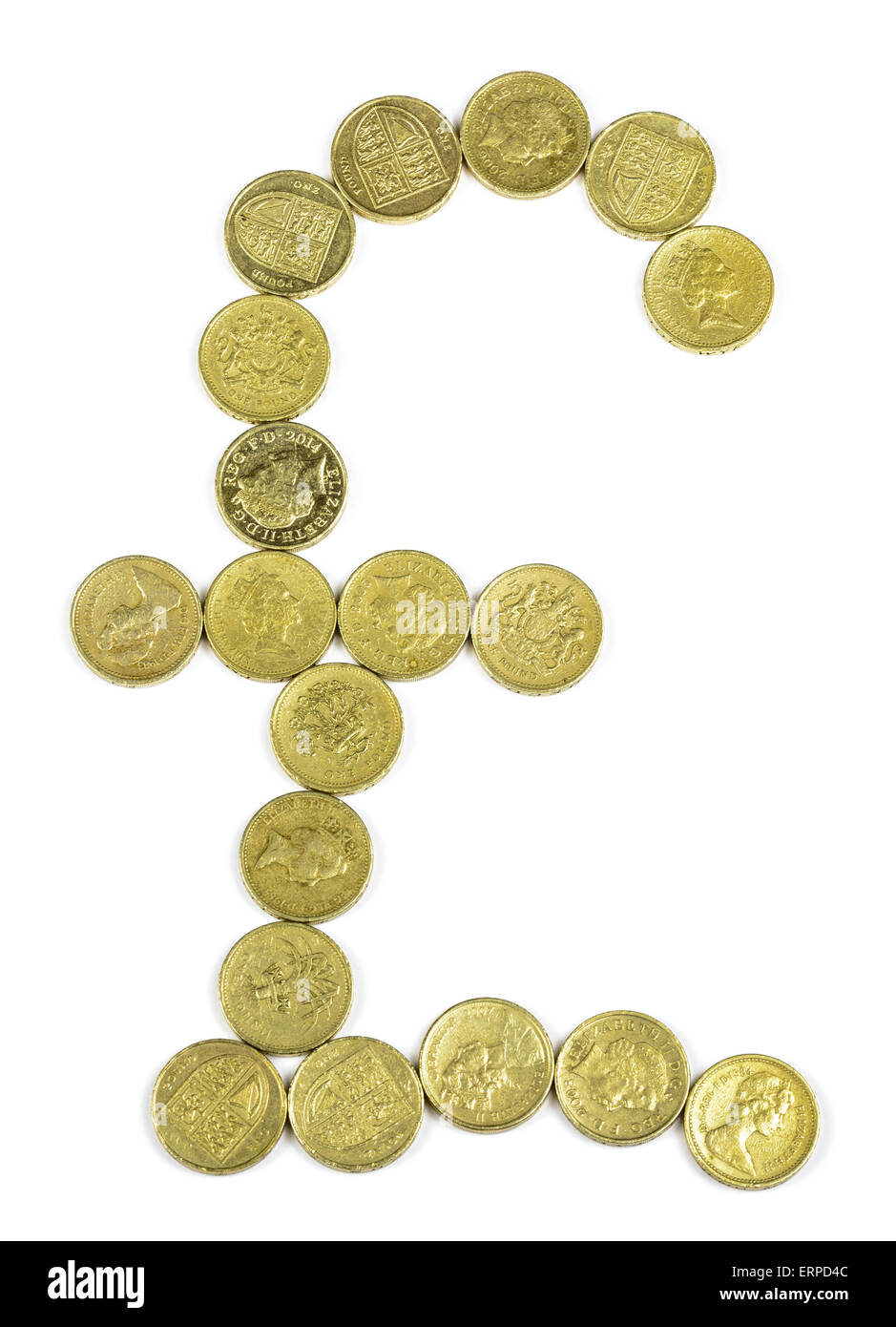 Zerstoßen Sie Zeichen von britischen Pfund-Münzen auf einem weißen Hintergrund. Stockfoto