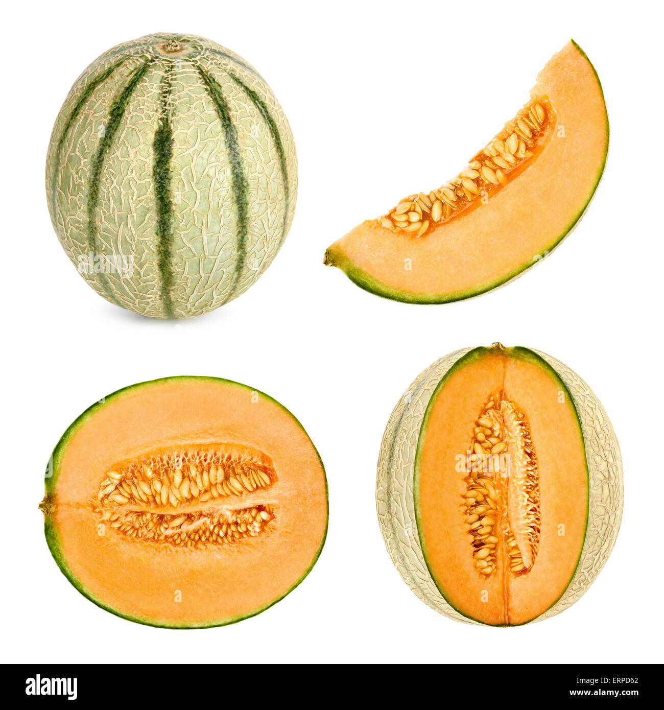 Collage-Satz von 4 Studio-Aufnahmen einer Cantaloupe-Melone, auch bezeichnet als Honigtau, schneiden in verschiedenen Formen, isoliert auf weiß ba Stockfoto