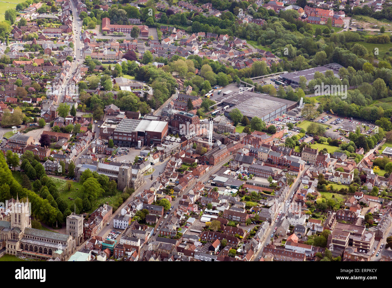 Luftbild-Ansicht von Bury St Edmunds Stadtzentrum zeigt die Brauereigebäude Stockfoto