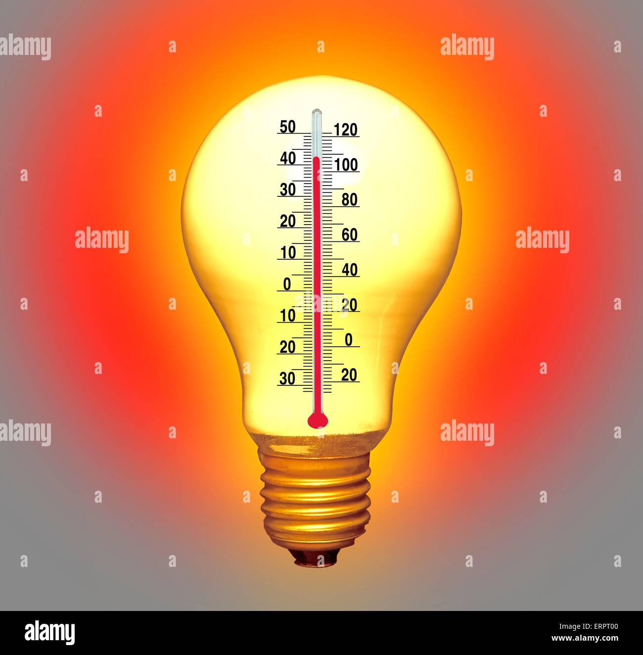 Elektrische Glühbirne und Thermometer, Computer-Grafik. Stockfoto