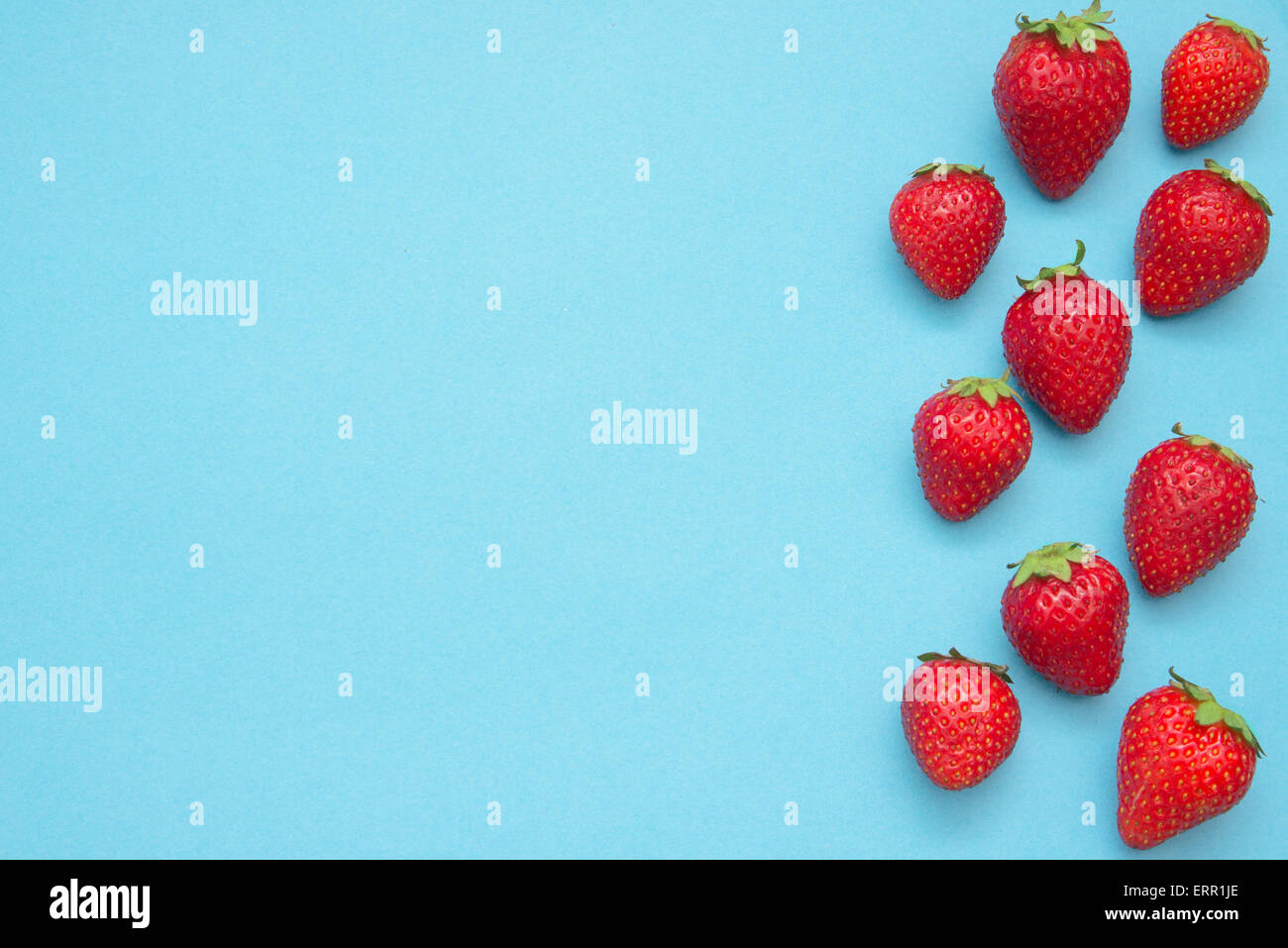 Zusammensetzung der Erdbeeren auf blauem Grund. Stockfoto