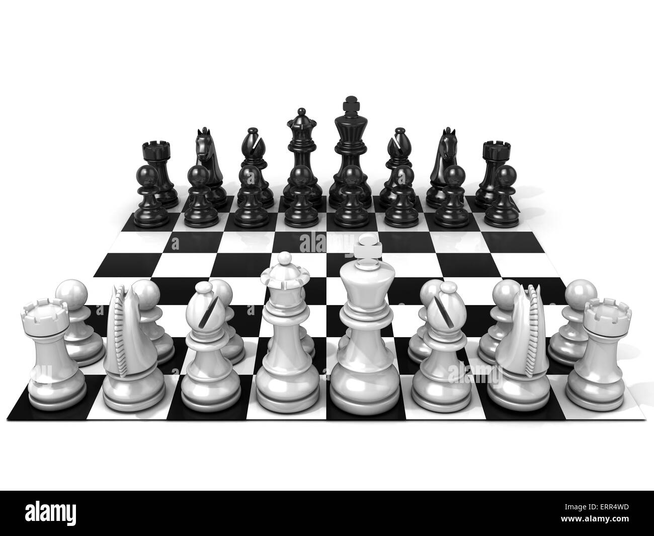 Schachbrett mit allen Schachfiguren, isoliert auf weißem Hintergrund. Vorderansicht Stockfoto
