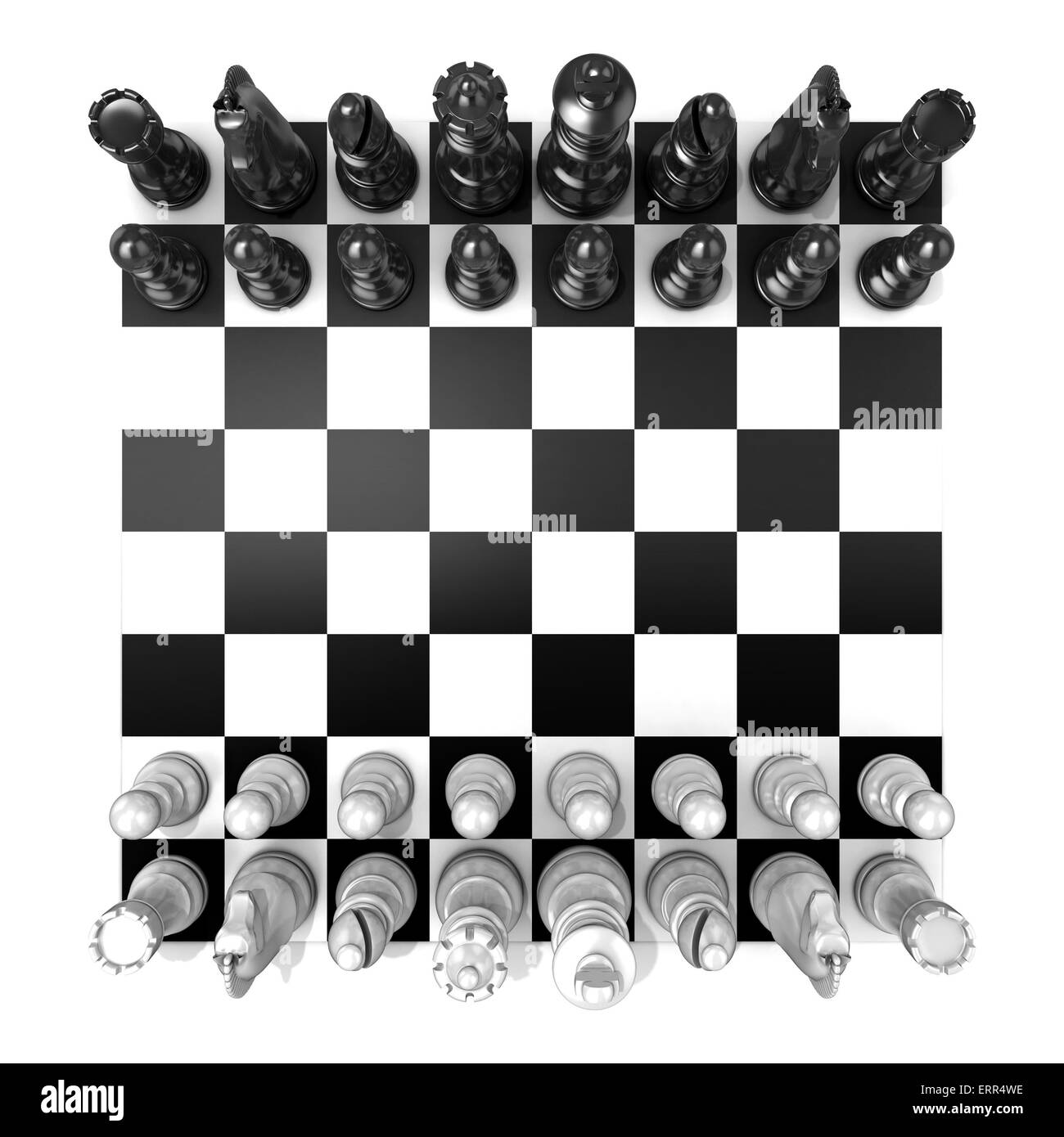 Schachbrett mit allen Schachfiguren, isoliert auf weißem Hintergrund. Ansicht von oben Stockfoto