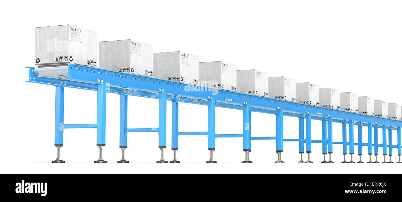 Horizontale Ansicht des blauen industrielle Rollenbahn mit weißen Kartons. Stockfoto