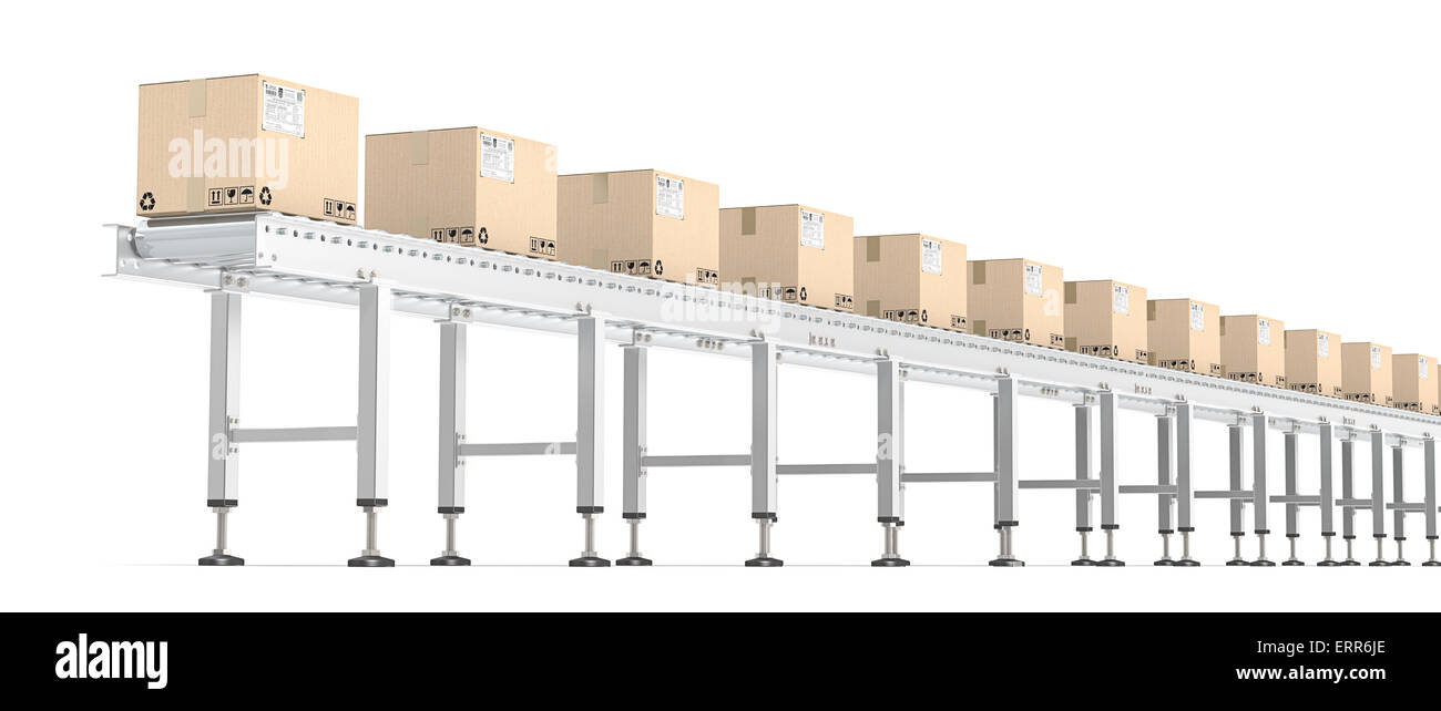Horizontale Ansicht des industriellen Rollenbahn mit Kartons. Alle Stahl, braunen Karton mit Versandetiketten. Stockfoto
