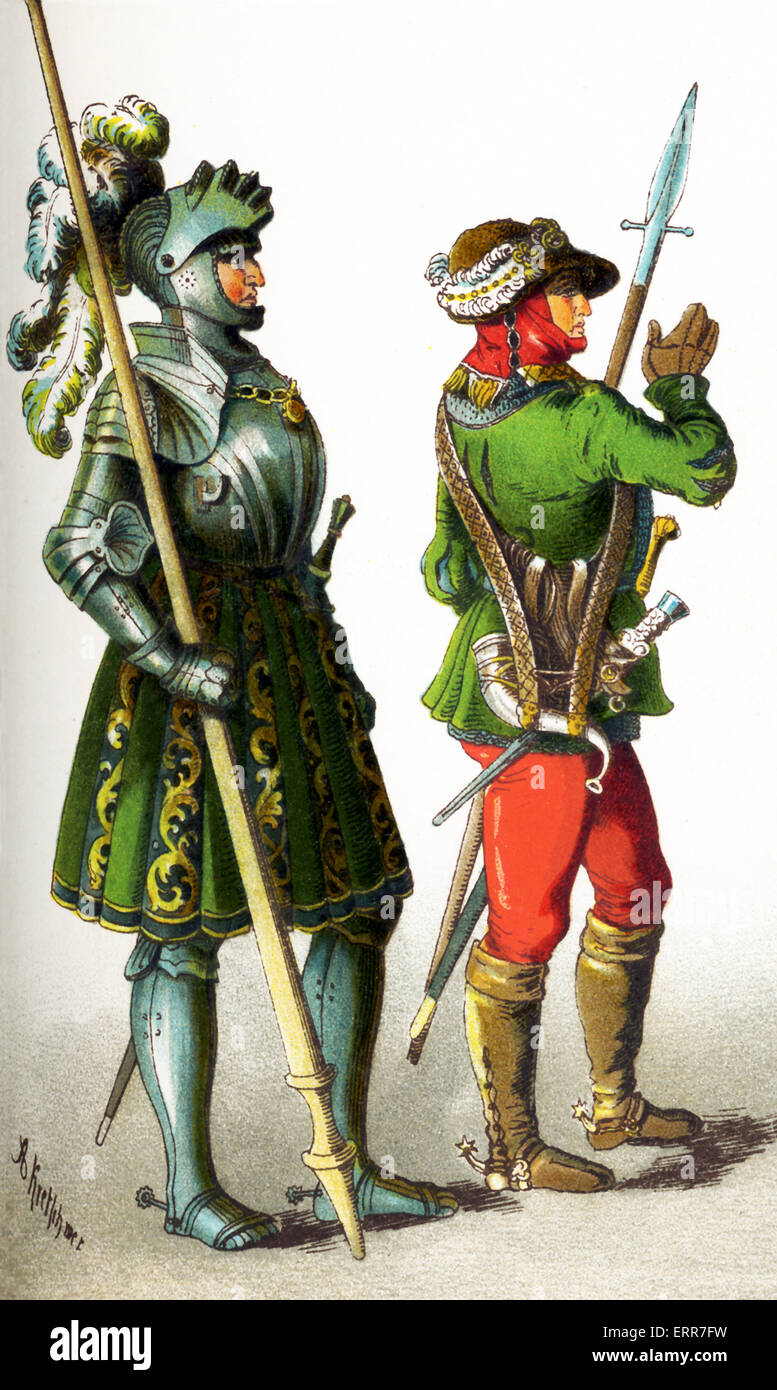 Die Zahlen, die hier vertreten sind deutsche zwischen 1500 und 1550. Sie sind von links nach rechts: ein Ritter und ein Jäger. Diese Abbildung stammt bis 1882. Stockfoto
