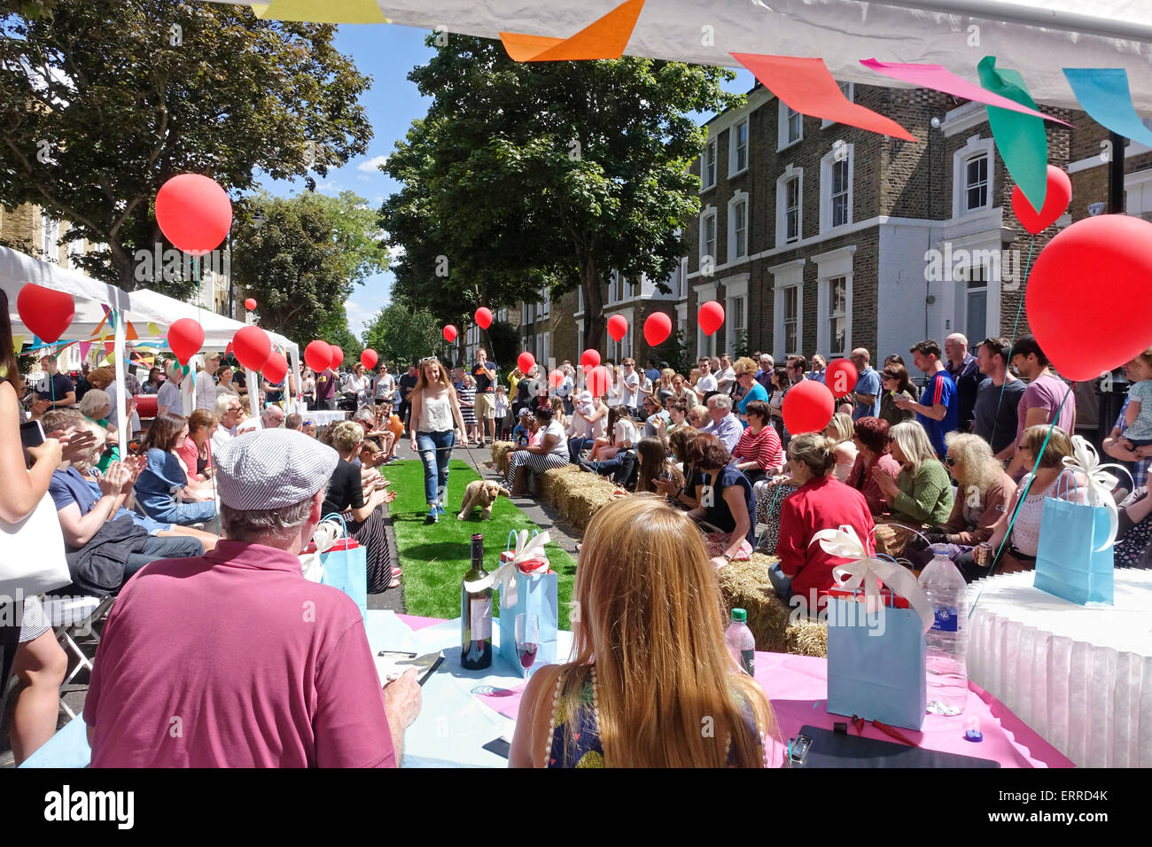 Islington, nördlich von London, 7. Juni 2015. Ein herrlich sonniger Tag in London für einen unbeschwert Dog show Wettbewerb an der grossen Mittagessen Straßenfest im Englefield Straße. Stockfoto