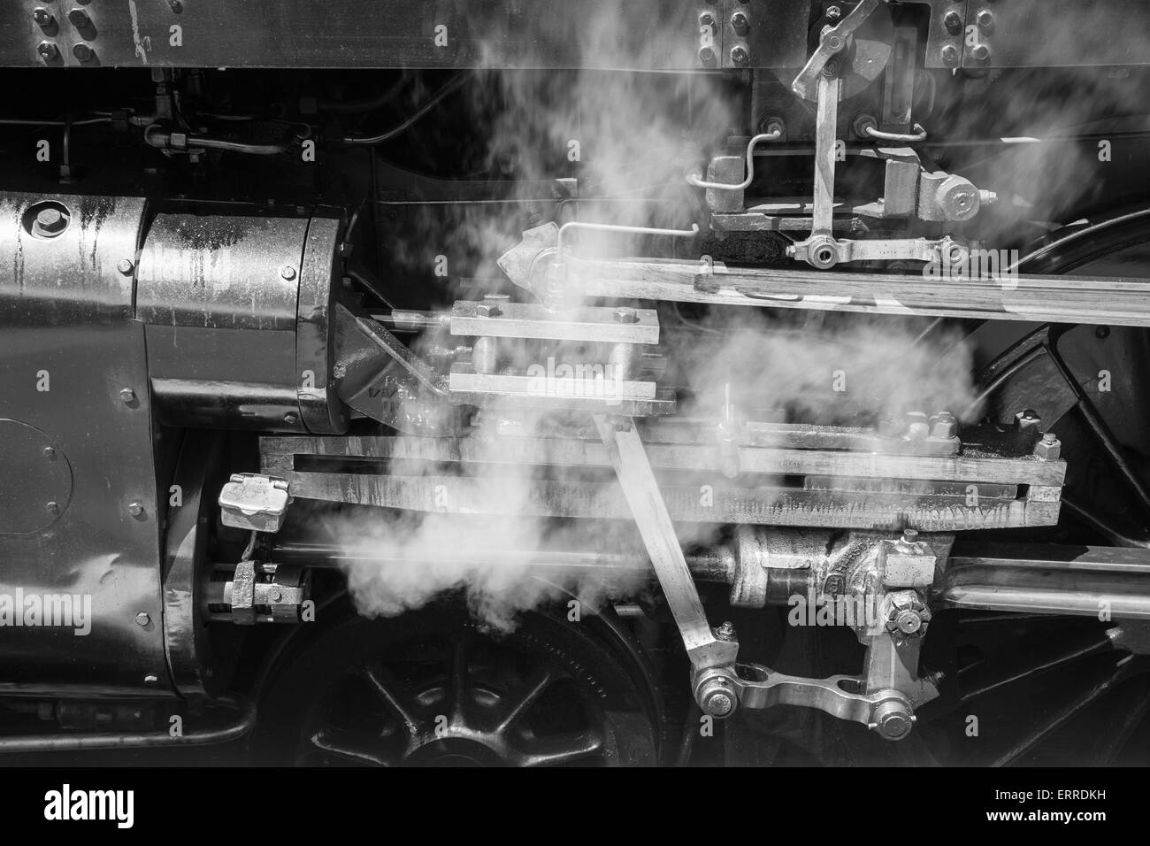 Die Ventilsteuerung auf Motor Nr. 75078, ein Standard 4-Dampflokomotive auf der Keighley & Wert Valley Railway erhalten. Stockfoto