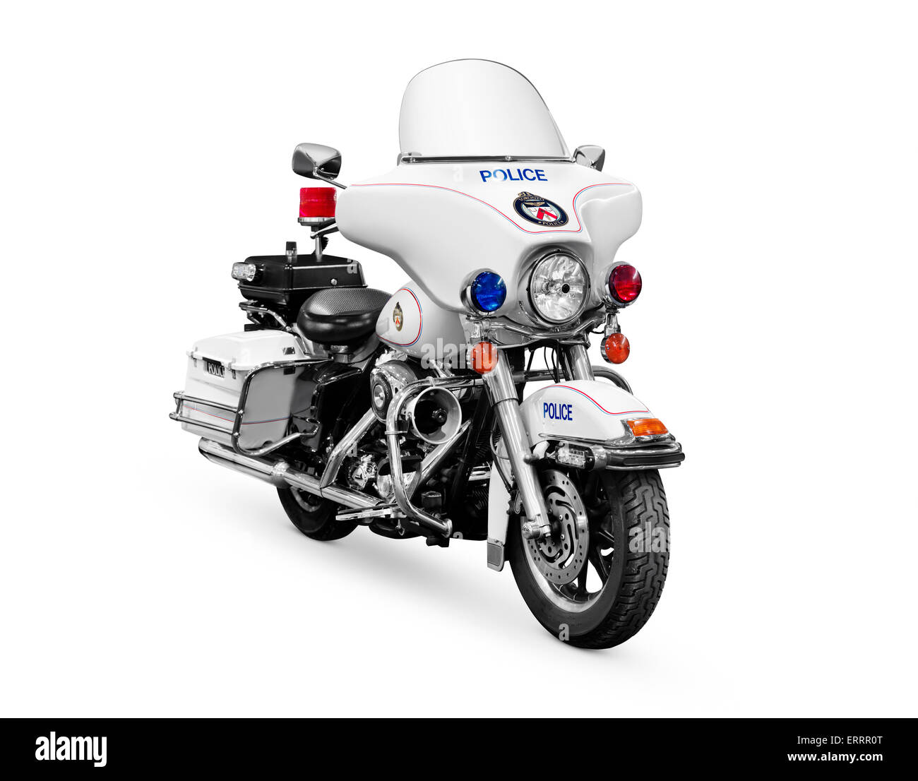 Führerschein erhältlich unter MaximImages.com - Police Motorcycle Harley Davidson FLHTP isoliert auf weißem Hintergrund mit Clipping Path Stockfoto