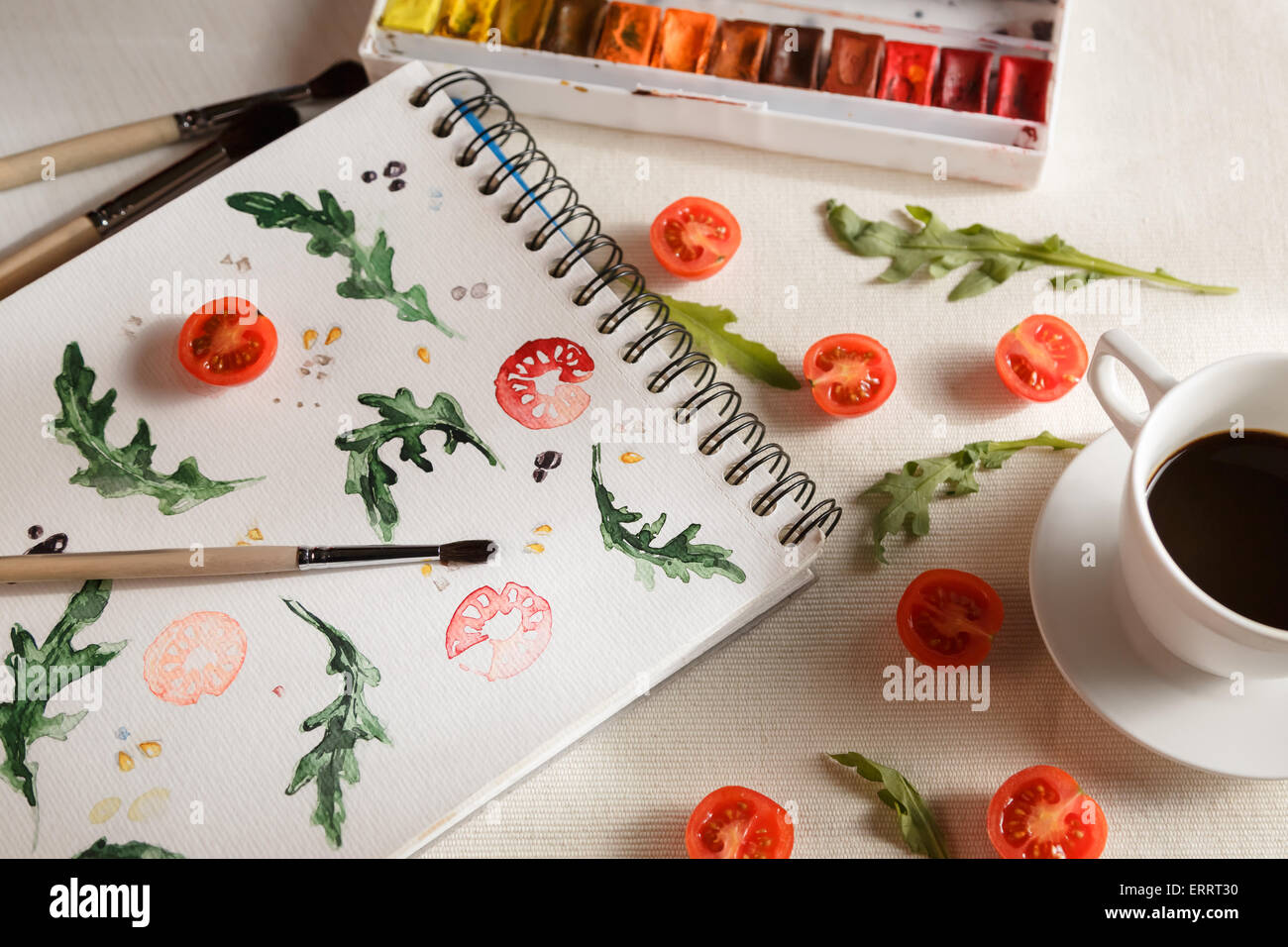 Tomaten und Rucola gemalt in Aquarell vom Leben beim Frühstück Stockfoto