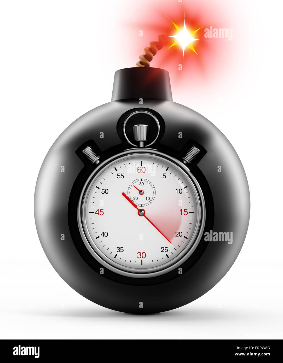 Chronometer auf schwarzen Bombe mit einer brennenden Sicherung Stockfoto