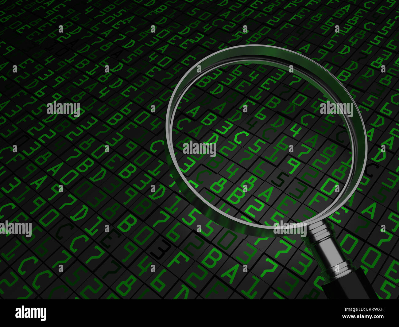 Code-Review - Lupe fokussiert auf Source Code oder Hex Computerdaten. Stockfoto