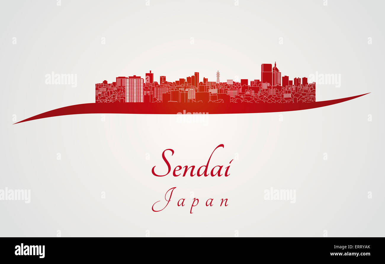 Skyline von Sendai in roten und grauen Hintergrund in bearbeitbare Vektordatei Stockfoto