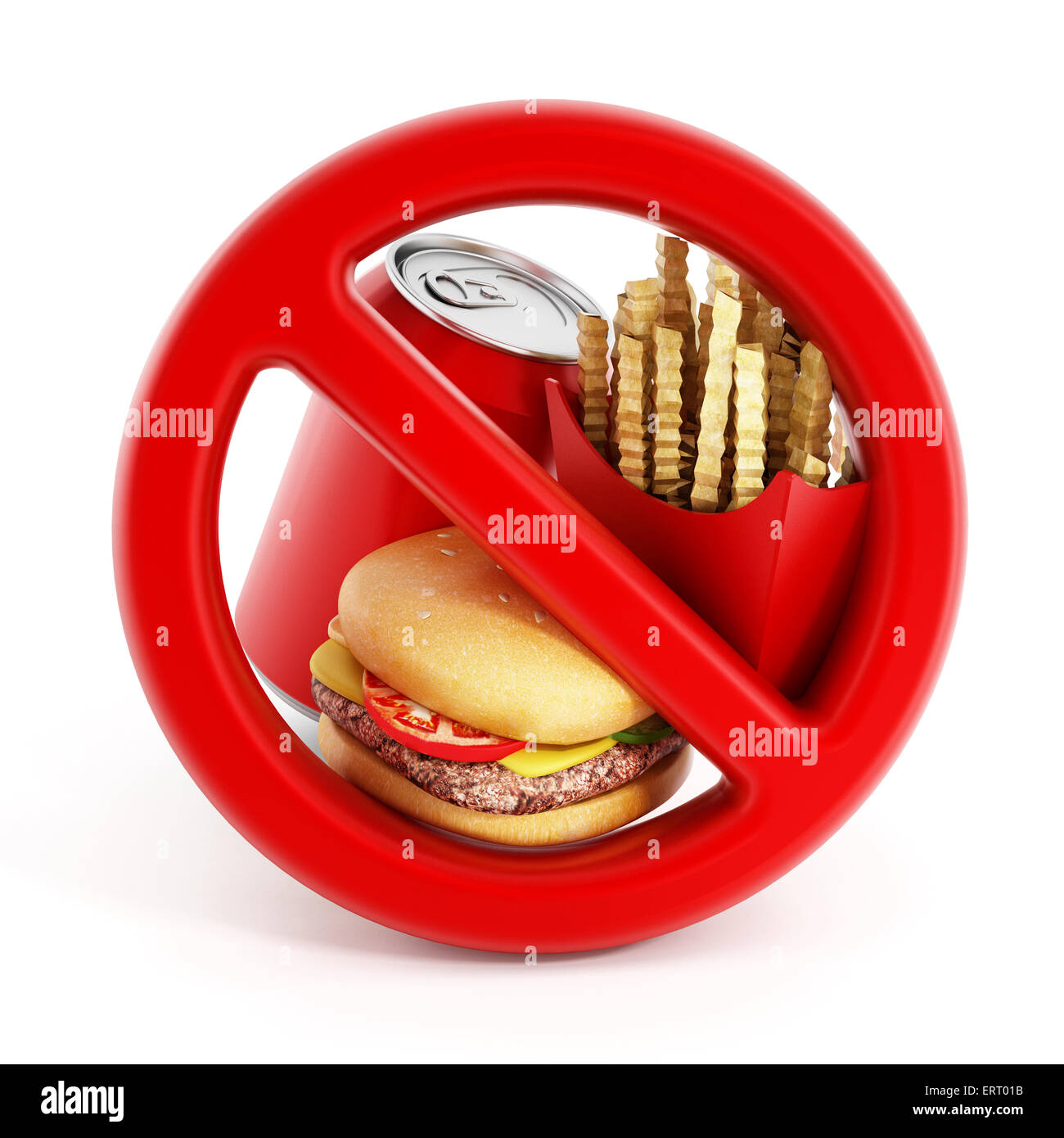 Verboten Schild auf Hamburger, können Pommes Frites und Soda isolierten auf weißen Hintergrund Stockfoto