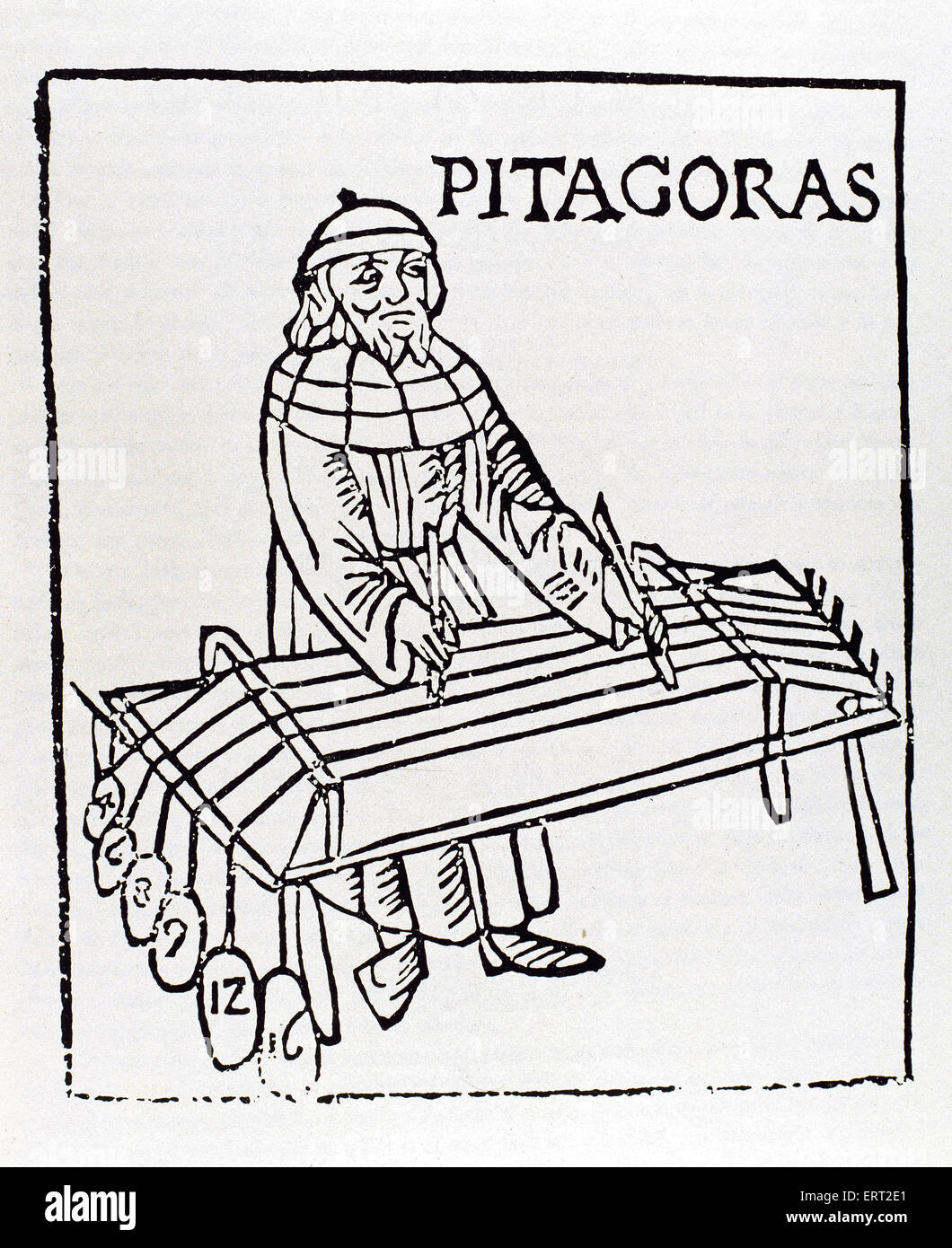Pythagoras von Samos (570-495 v. Chr.). Ionischen griechische Philosoph und Mathematiker. Kupferstich von Theo Gafurius, 1492. Mailand, Italien. Stockfoto