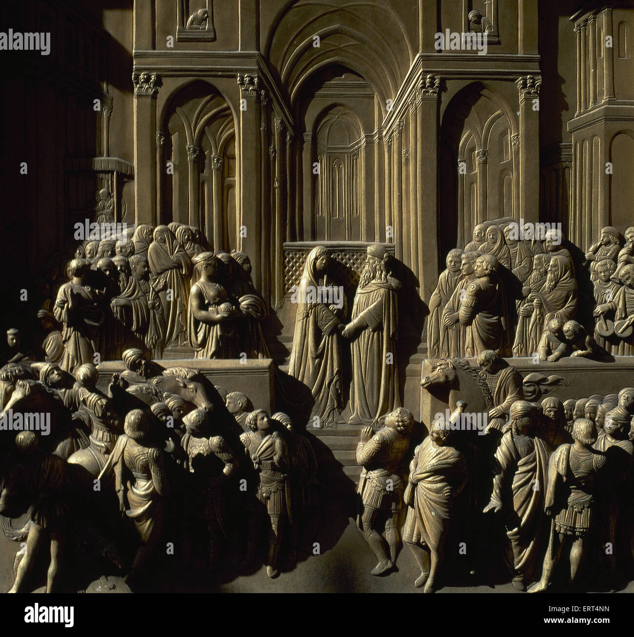 Lorenzo Ghiberti (1378-1455). Italienischer Künstler. Tore des Paradieses. Baptisterium. Detail-Tür. Sitzung des Salomo und der Königin von Saba. 1425-52. Florenz. Italien. Stockfoto