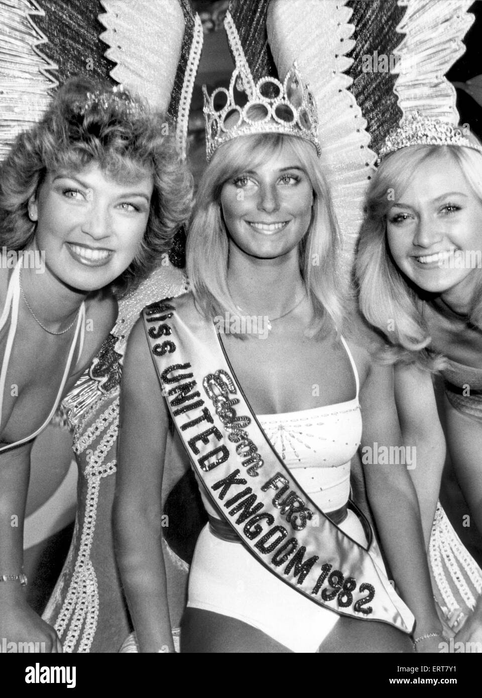 Miss Großbritannien 1982 Della Dolan mit Miss Belfast Alison Smith und Miss Chichester Anne Jackson. 25. August 1982 Stockfoto