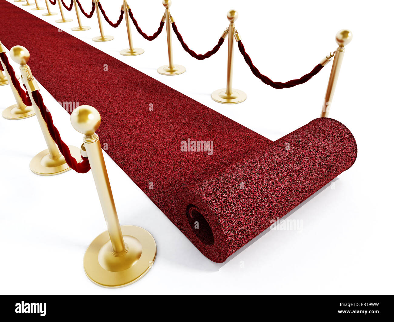 Gerollte Red Carpet und Samt Seile isoliert auf weißem Hintergrund Stockfoto