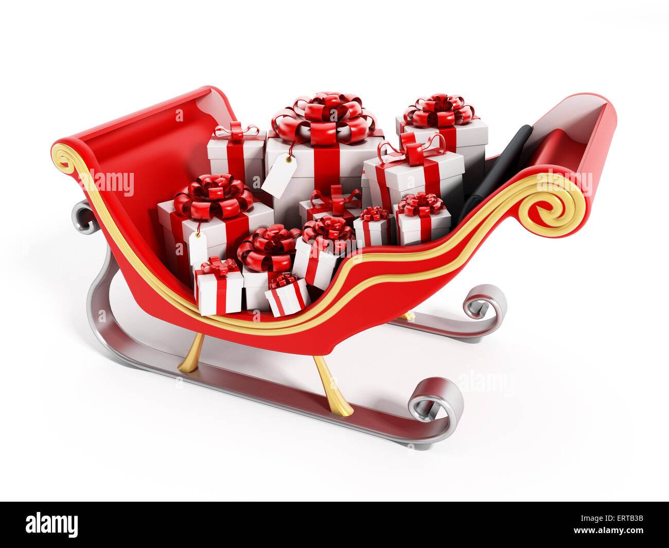 Der Schlitten des Weihnachtsmannes voller präsentiert isolierten auf weißen Hintergrund Stockfoto