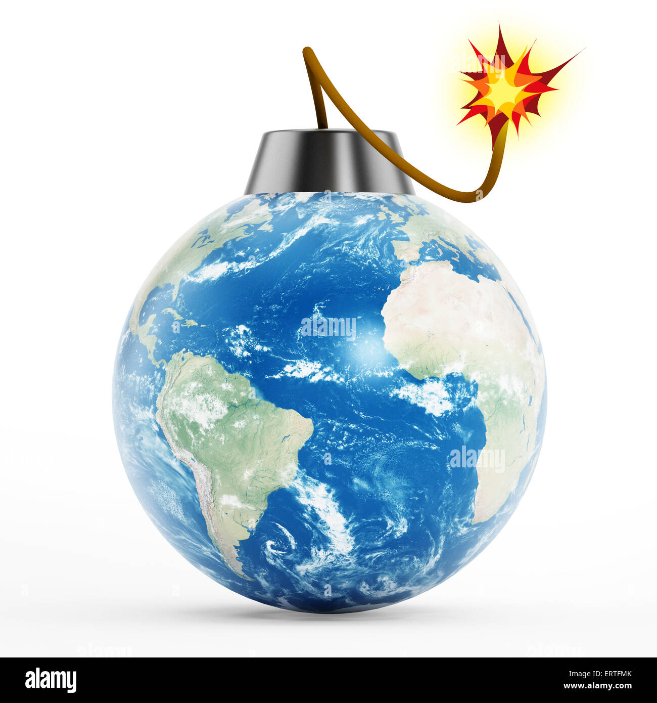 Erde-Bombe mit brennenden Sicherung isoliert auf weißem Hintergrund Stockfoto