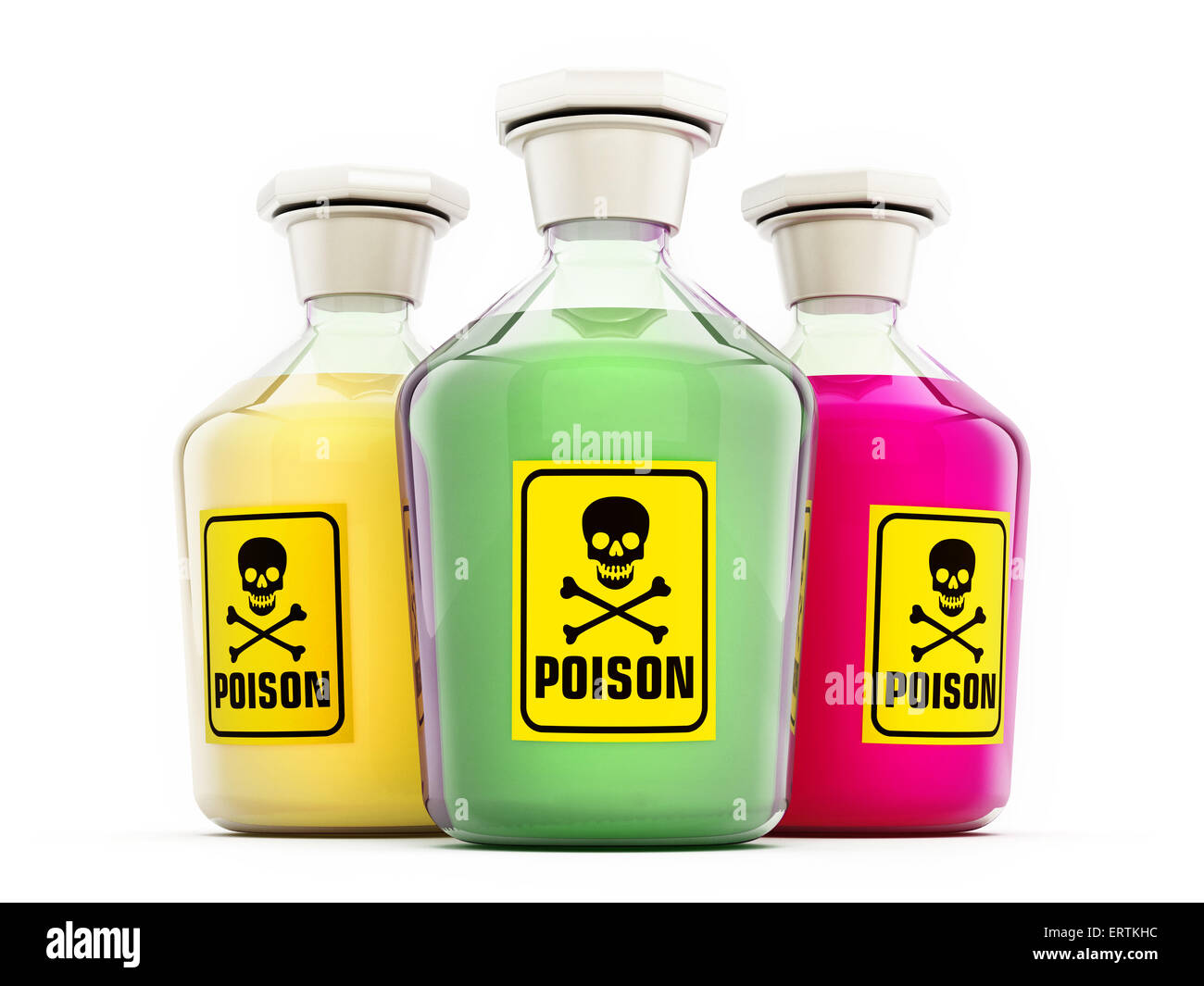 Flaschen mit einem grünen, gelben und rosa Stoff zu vergiften Stockfoto