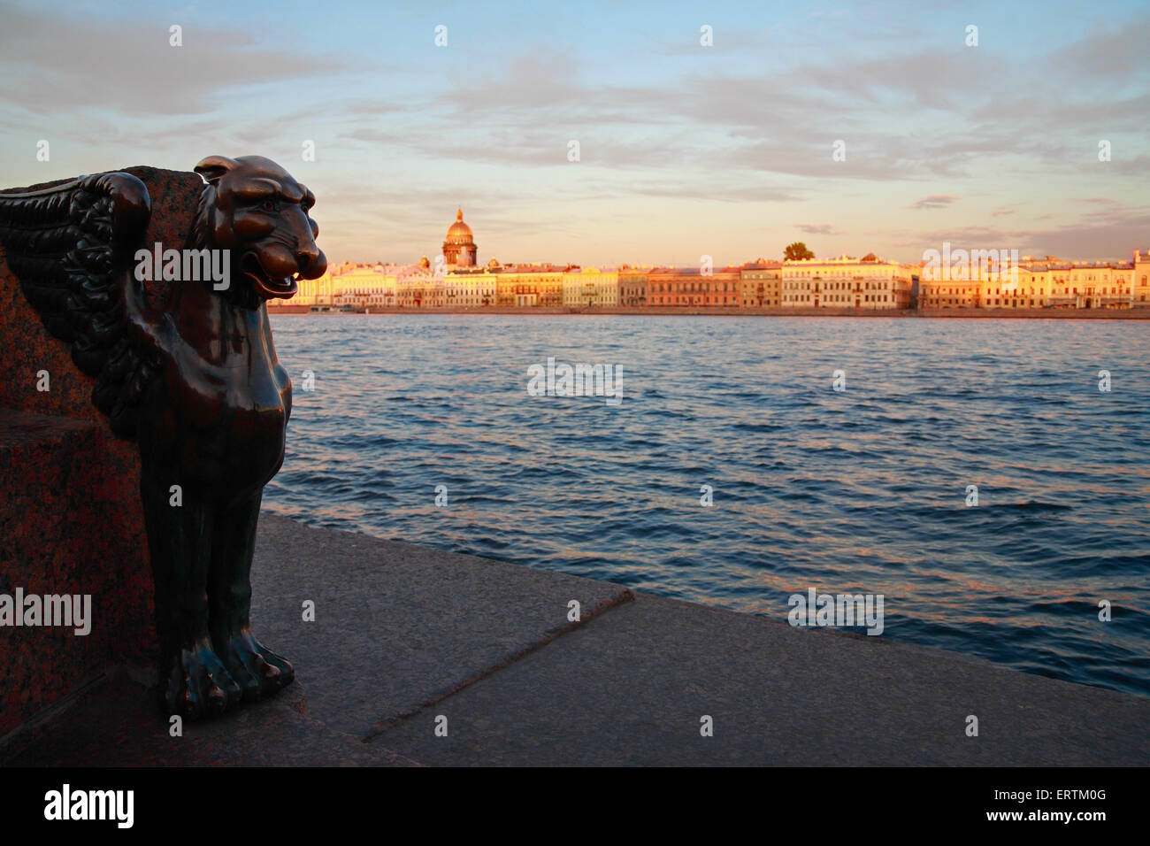 Griffon Kopf, Newa und Skyline von St. Petersburg, Russland Stockfoto