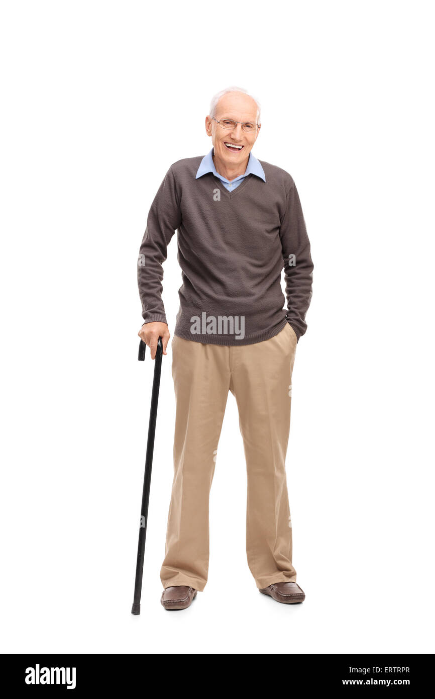 Voller Länge Porträt eines älteren Mannes mit einem Stock Lächeln und posieren isolierten auf weißen Hintergrund Stockfoto