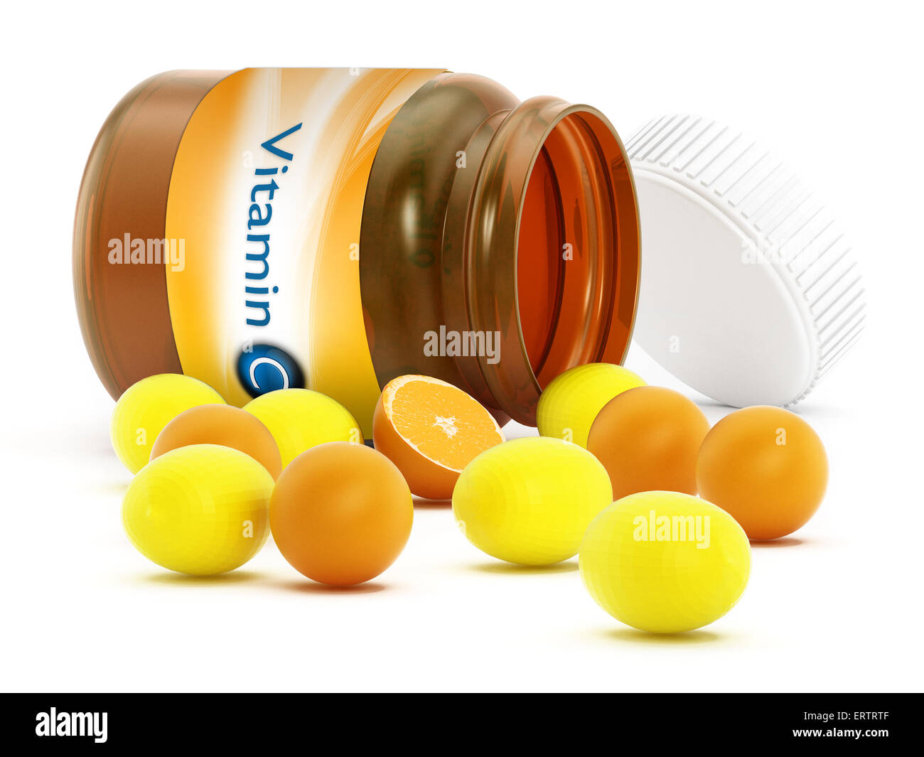 Vitamin C Flasche und Pillen isoliert auf weißem Hintergrund Stockfoto