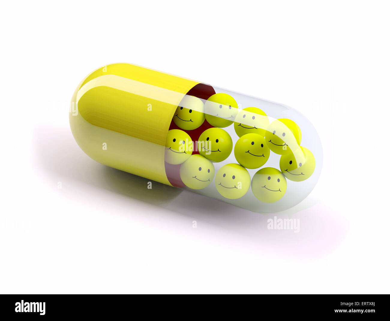 rote Pille mit gelben Kugeln gefüllt, isoliert 3D-Illustration Stockfoto