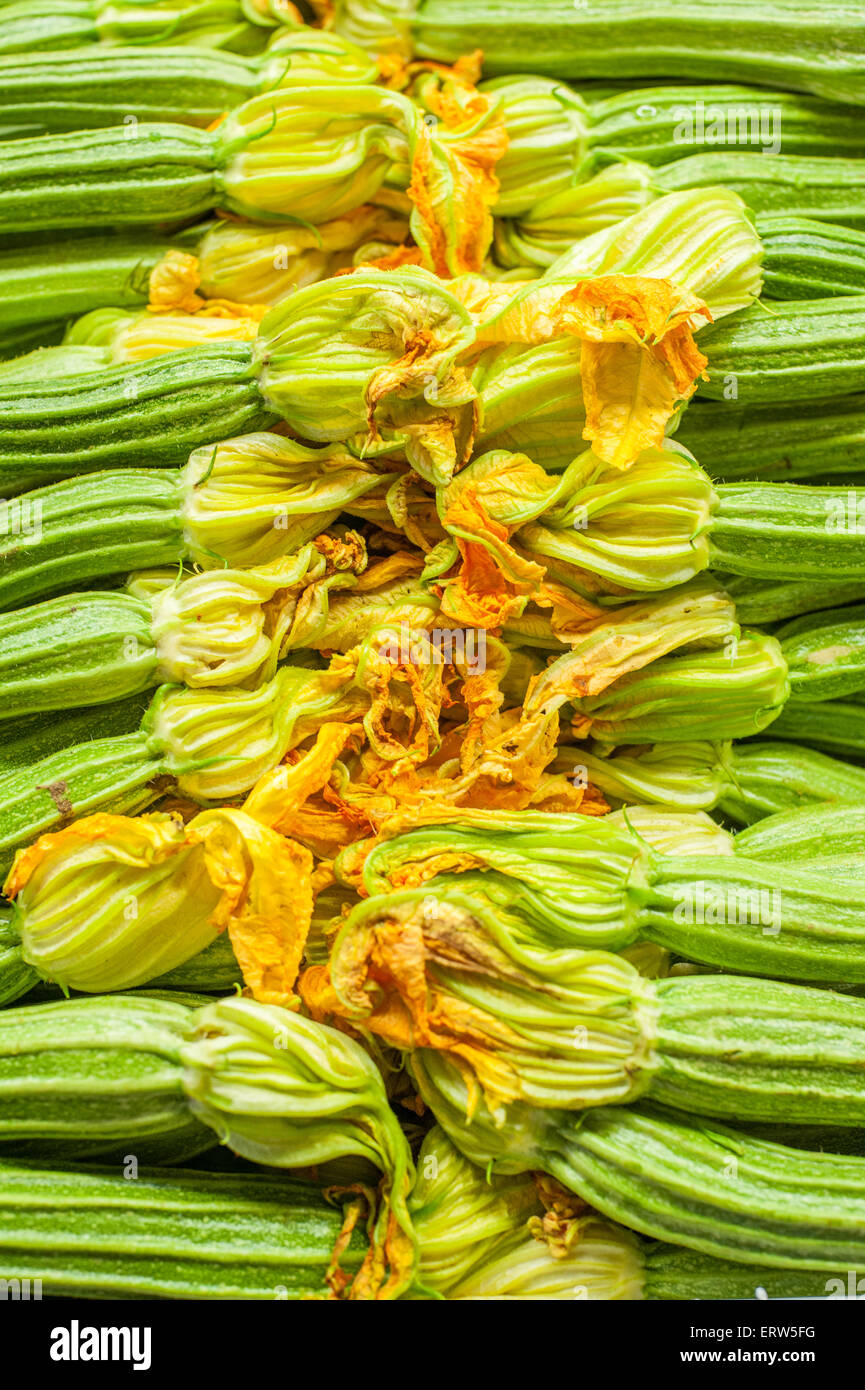 Frische rohe grüne Zucchini mit Blumen vertikale Zusammensetzung Detail im Markt Stockfoto