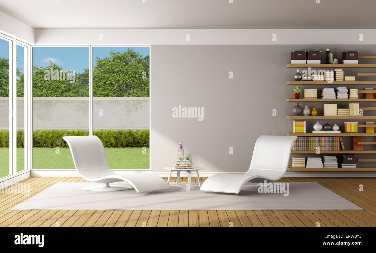 Modernes Wohnzimmer mit zwei weißen Chaiselongue und Holzregal - 3D Rendering Stockfoto