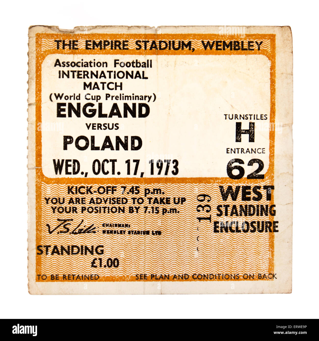Vintage "England gegen Polen" internationalen Fußballspiel Ticket (1974 FIFA WM-Qualifikation) für 17. Oktober 1973. Stockfoto