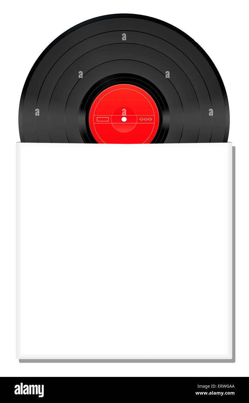 Vinyl-Schallplatte auf halbem Weg in ein leeres weißes Album-Cover. Stockfoto