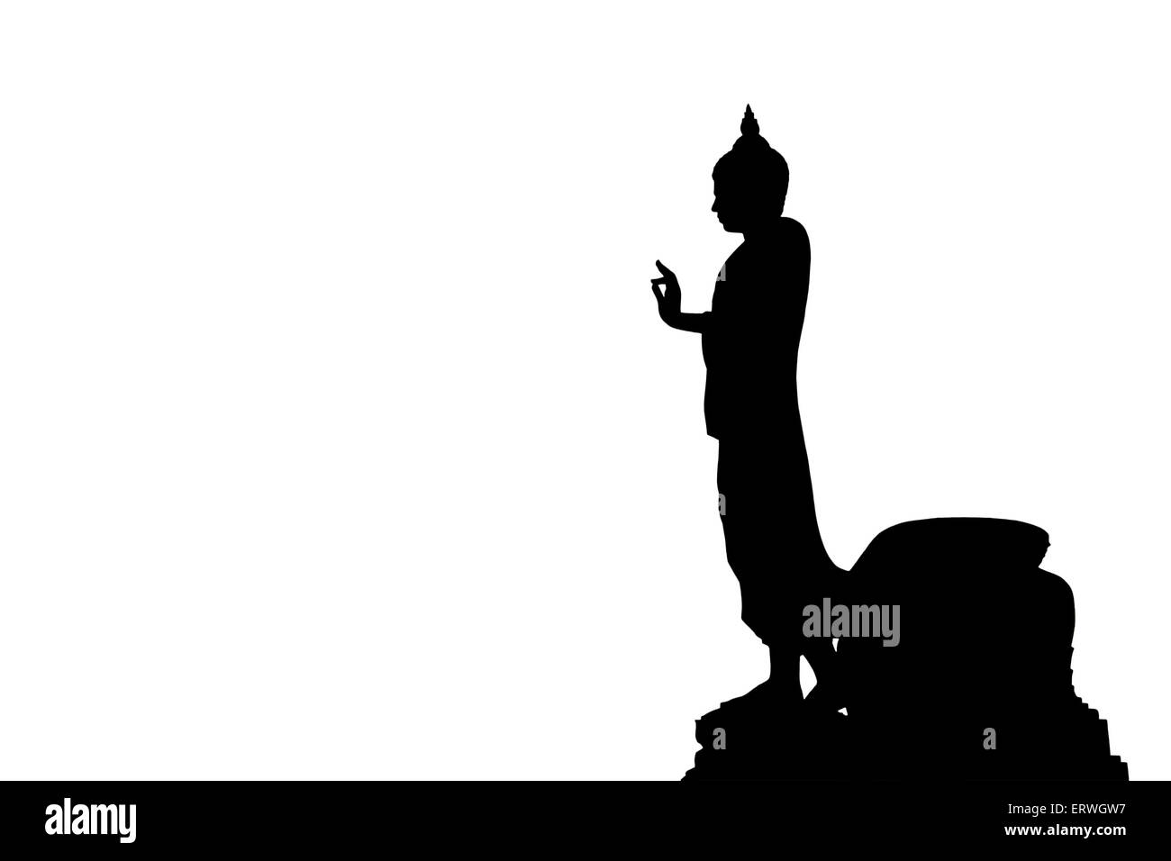 Silhouette der Buddha-Statue, die isoliert auf weißem Hintergrund Stockfoto