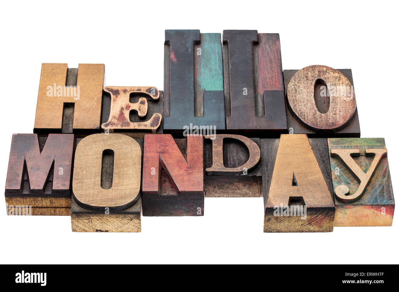 Hallo Montag Typografie abstrakt - isolierten Text in gemischten Buchdruck Holzart Blöcken Stockfoto