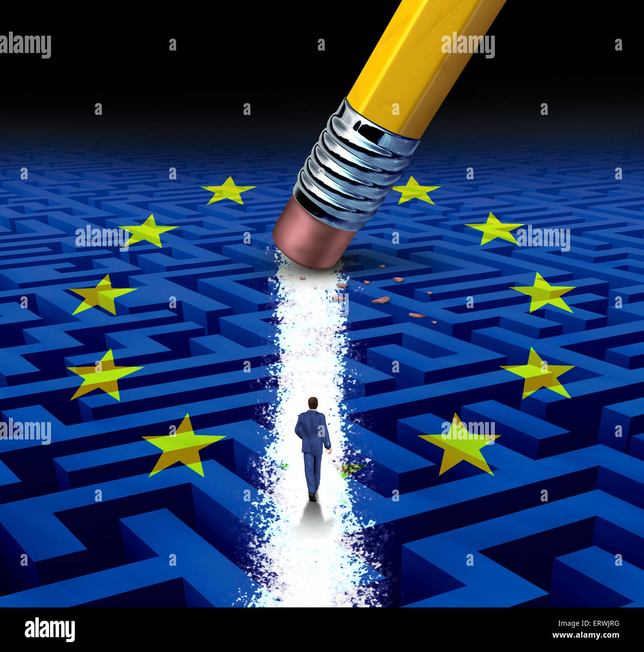 Europas führende Lösungen mit einem Geschäftsmann, ein Spaziergang durch ein kompliziertes Labyrinth mit europäischer Flagge eröffnet einen Radiergummi als ein Geschäftskonzept von innovativem Denken für den finanziellen Erfolg. Stockfoto