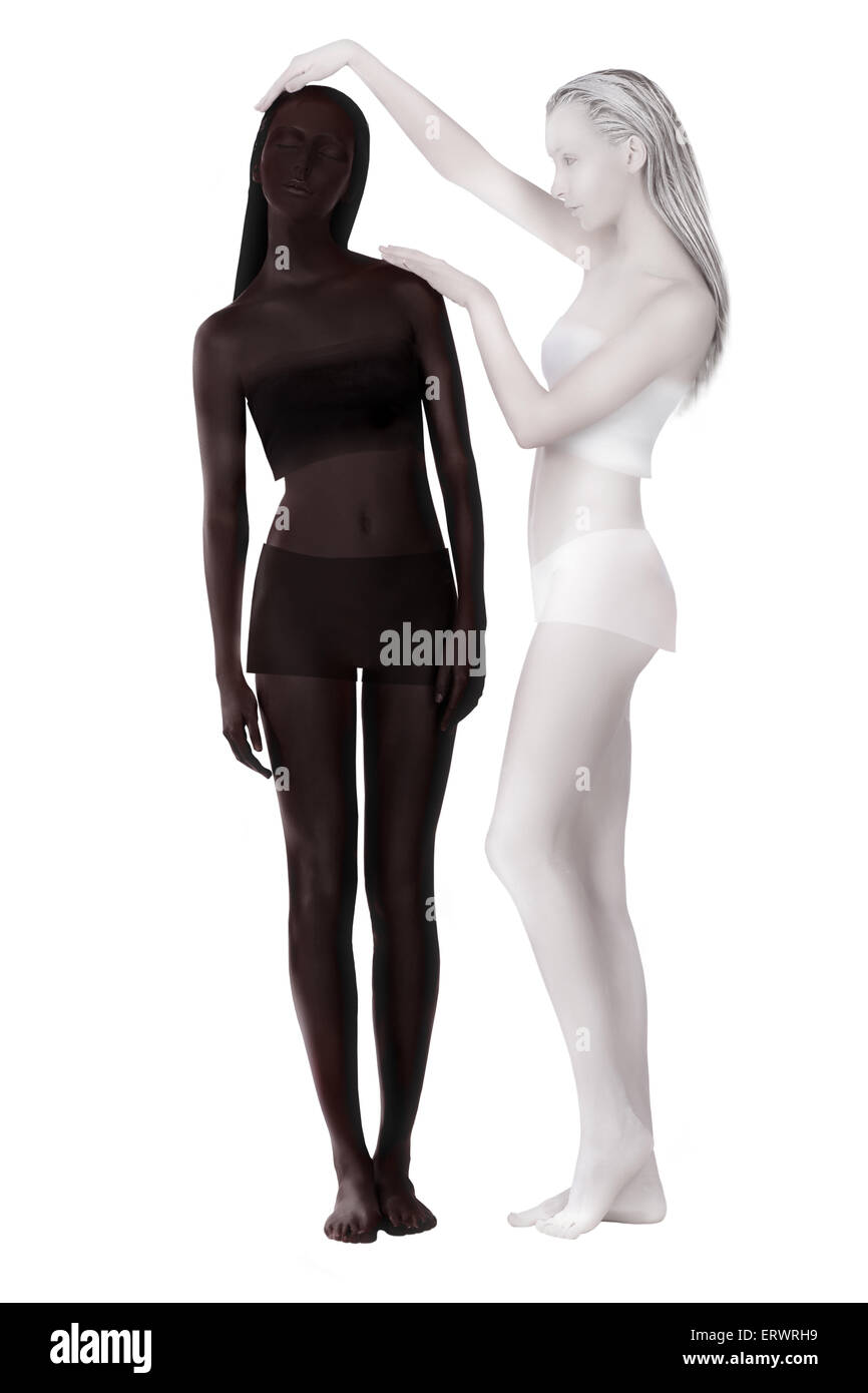 Bodypainting. Fantasie. Zwei Frauen gemalt schwarz und weiß Stockfoto