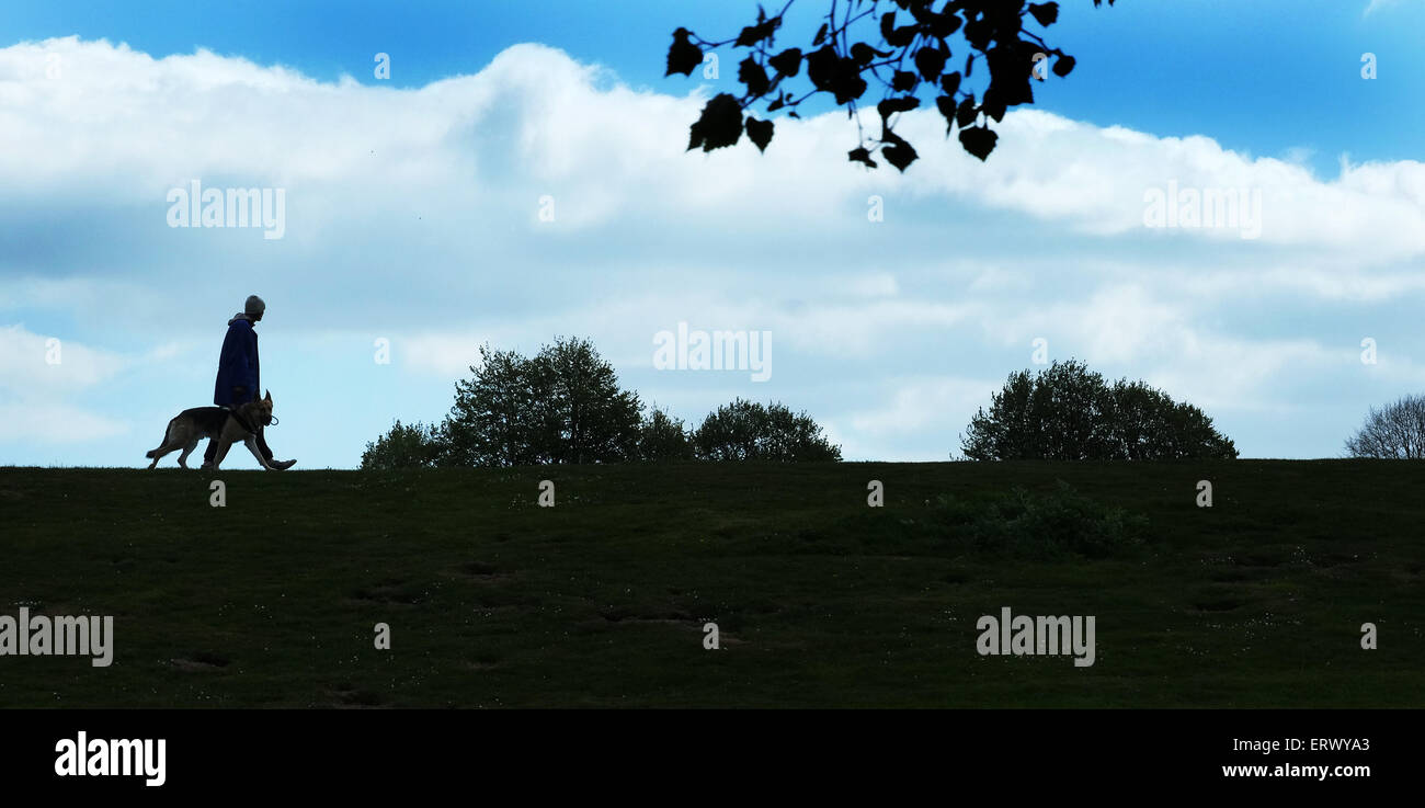 Mann zu Fuß Hund in der Silhouette. Stockfoto