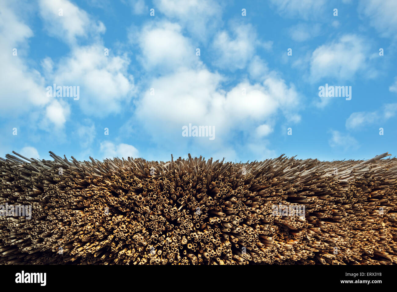 Stroh-Muster und blauer Himmel mit Wolken. Hintergrund für design Stockfoto