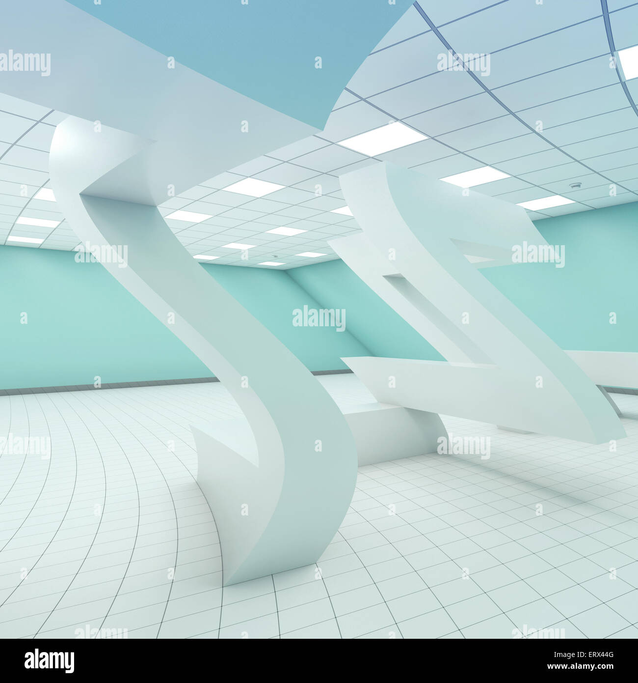 Abstrakt gebogen weißen leeren Raum Innenraum mit chaotischen geometrischen Installation und bunte Beleuchtung, 3d illustration Stockfoto