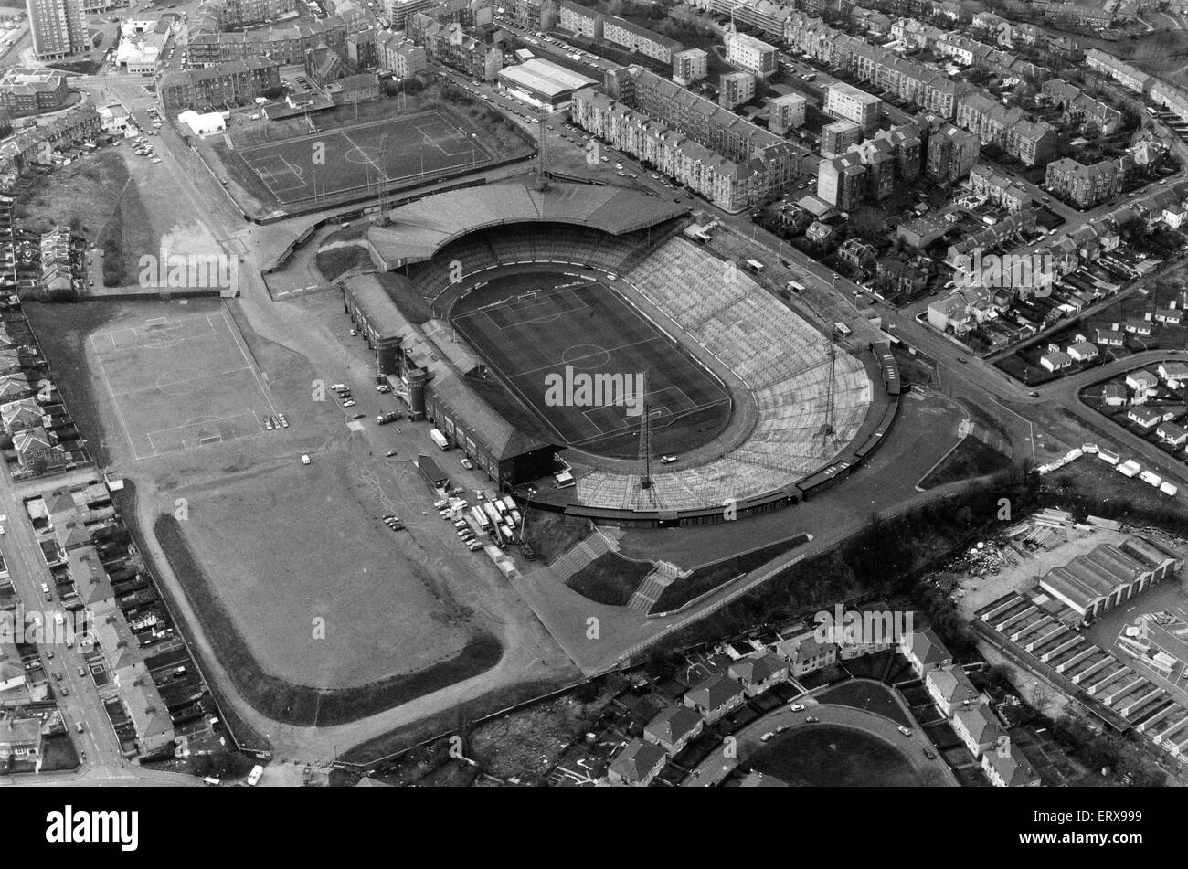 Luftaufnahme des Stadion Hampden Park, Glasgow, Schottland, 3. Mai 1990. Stockfoto