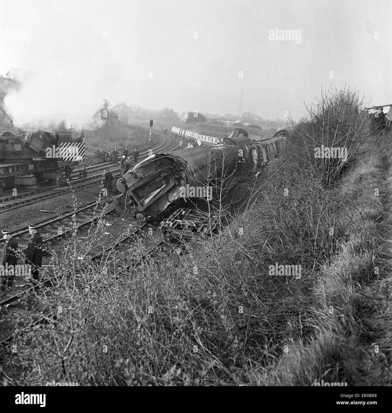 Morpeth Rail Crash auf 7 kann 1969, die eine Richtung Norden Schläfer Expresszug von London nach Aberdeen auf der Morpeth entgleist Kurve. Sechs Personen wurden getötet, 21 wurden verletzt und das Dach in nördlicher Richtung Bahnsteig wurde beschädigt. Stockfoto