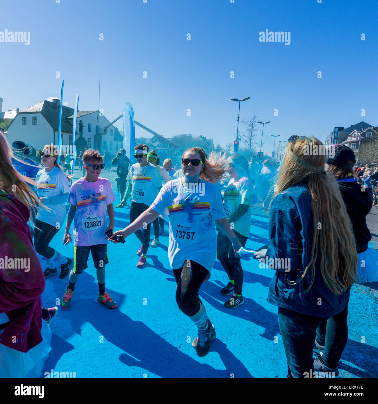 Die Farbe laufen, Reykjavik, Island. "Glücklichste 5k run auf dem Planeten". Dies war die erste Farbe laufen statt in Island, 6. Juni 2015 Stockfoto